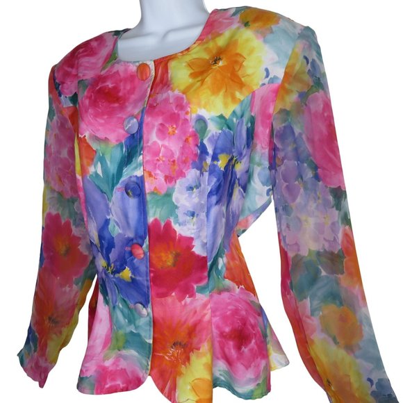 Vintage Floral Peplum Jacket Blouse Blazer Chiffon Sleeve Buttons Shoulder Pads - Picture 4 of 13